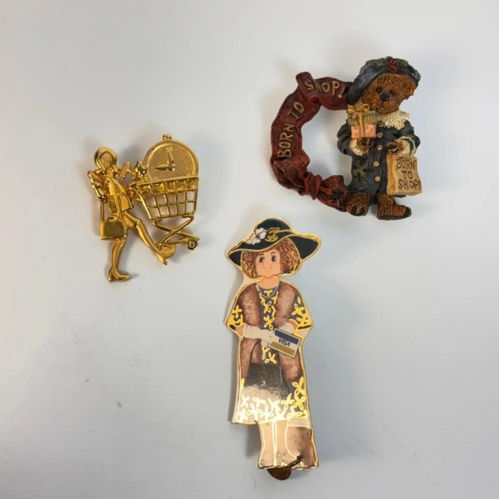 Vintage Kitch Brooch Pin Lot Born To Shop Teddy Bear Lady 90s Weird